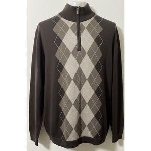 Marco Fiori Sweater Mens L Brown Argyle Merino Wool 1/4 Zip Italy Grandpacore